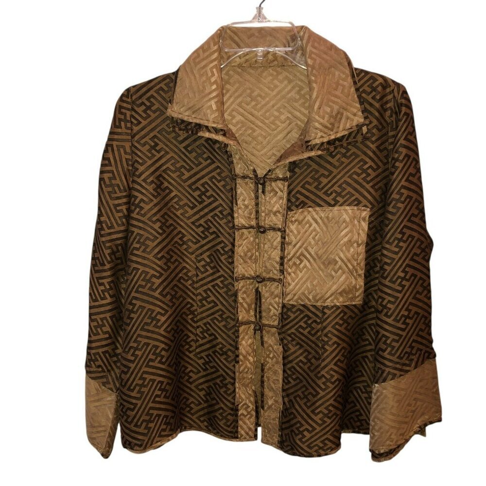 Earthen Silk Womens Large Brown Oriental Asian Inspired Blouse Shirt Top Size L